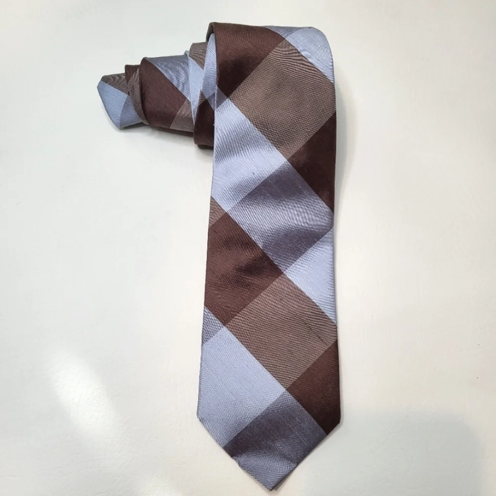 Peter Millar neck tie light blue brown plaid 100% shantung silk - Picture 2 of 6